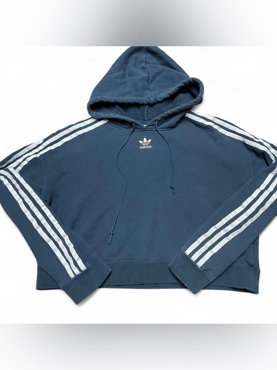 adidas Tops - Adidas Cropped Hoodie Womens Sz 6 Small Navy Blue Boxy Sweatshirt 3 Stripe Logo